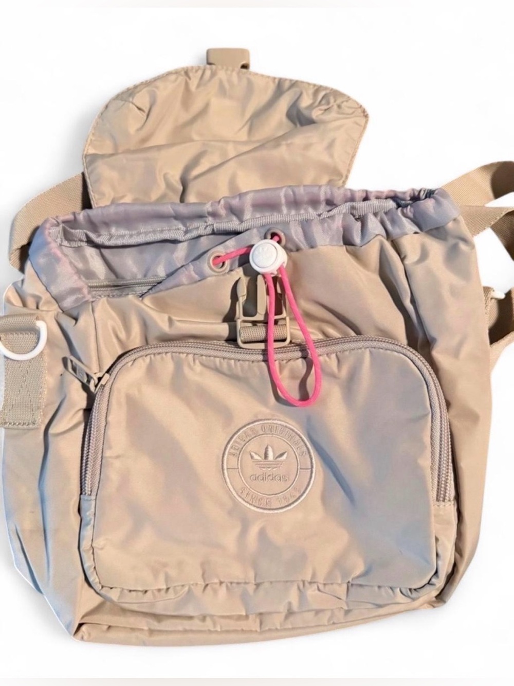 adidas Originals Mini Light Beige Crossbody Backpack with Pink Accent